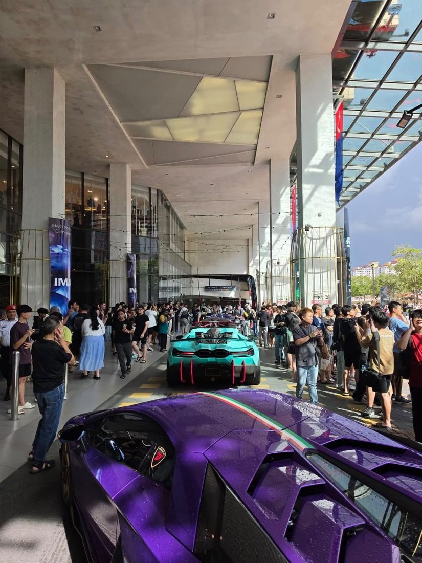 Lamborghini supercars on display at a shopping mall